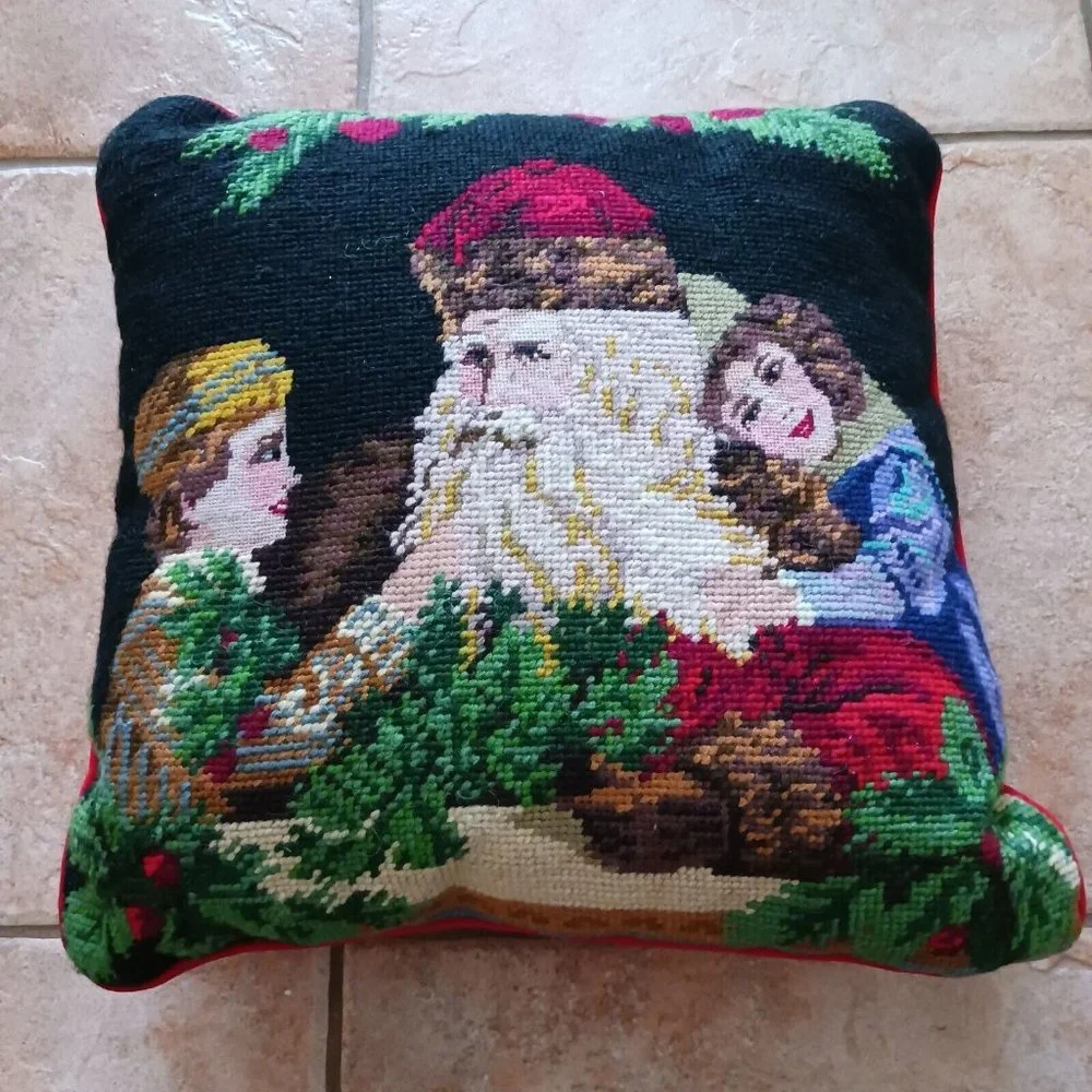 Vintage Santa Children Petit Needlepoint Pillow 13 x 13 Holly‎